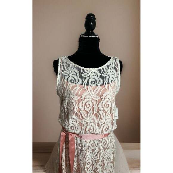 Sienastudio Lace Overlay A Line Dress Peach Under With Ribbon Sash. Size 16 New - Picture 5 of 11